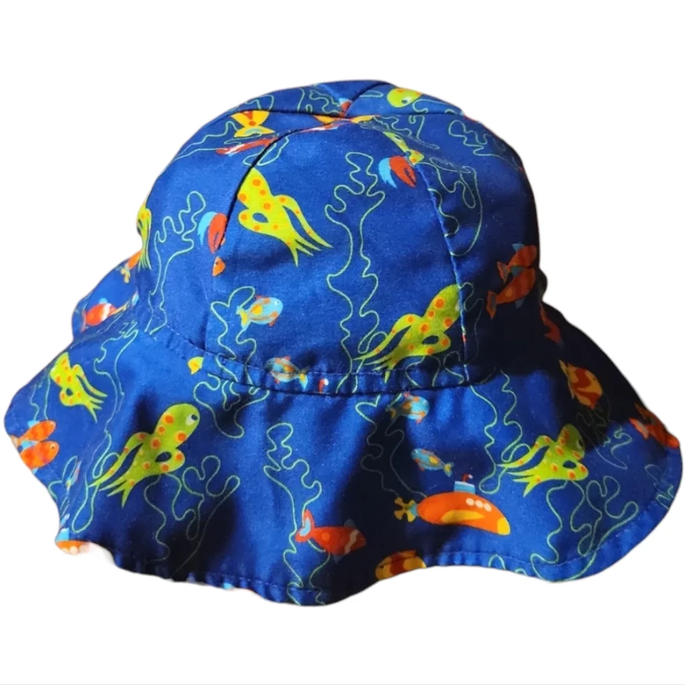 Vtg Wee Wave Floppy Blue Sun Hat Sea Beach Submarine Fish Squid Octopus